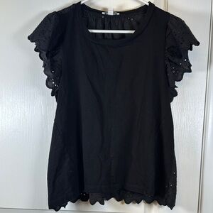 Monograph Black Eyelet Flutter Sleeve Blouse Size Large EUC #5573